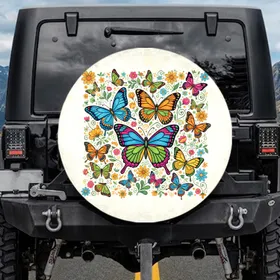 Butterfly Swarm Floral Garden Daisies Organic Swirling Leaves - Nature Lover Gift Spare Tire Cover