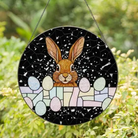 Brown Bunny Polka Dot Easter Eggs - Spring Holiday Home Decoration Accent Piece Stained Glass Suncatcher