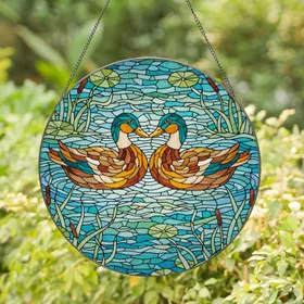 Two Ducks Beaks Touching Water Lilies - Nature Lover Home Decor Gift for Partners Stained Glass Suncatcher