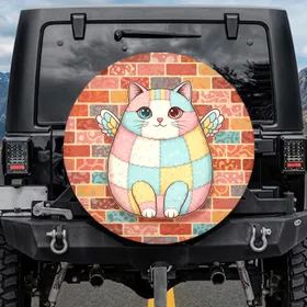Plump Cat Smile Wings Blue Pink Eye Brick Wall - Home Decor Gift for Cat Lover Spare Tire Cover