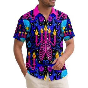 Neon Skulls Ribcage Candelabras Fire Wisps Flourishes - Home Decor Gift Hawaiian Shirt