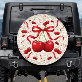 Red Cherries Green Stems Red Ribbon Leopard Print - Stylish Vehicle Decor Gift Spare Tire Cover