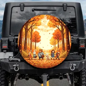 Animal Procession Autumn Forest Path - Autumn Journey Home Decor Gift Spare Tire Cover