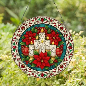 Christmas Candles Poinsettia Holly Baubles - Holiday Home Decor Gift Stained Glass Suncatcher