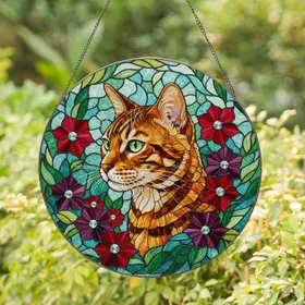 Bengal Cat Profile Red Flowers Green Leaves - Home Decor Gift for Cat Lover Stained Glass Suncatcher