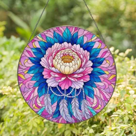 Peony Flower Leaves Feathers Beaded Strands Glass Pieces - Home Decor Gift for Flower Lover Stained Glass Suncatcher