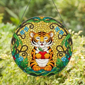 Baby Tiger Cub Apple Jungle Clearing Mosaic - Home Decor Gift for Animal Lovers Stained Glass Suncatcher