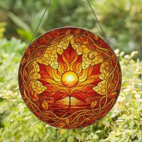 Autumn Maple Leaf Sunset Water Sun Disc Autumnal Foliage - Home Decor Gift Stained Glass Suncatcher