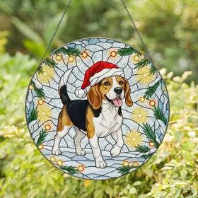 Beagle Santa Hat Christmas Lights Pine - Christmas Home Decor Gift for Beagle Lover Stained Glass Suncatcher
