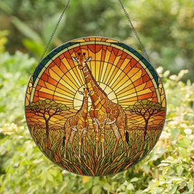 Adult Baby Giraffe Savanna Sunburst - Wildlife Lover Gift Stained Glass Suncatcher