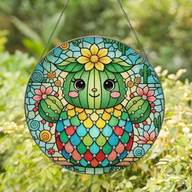 Plump Cactus Character Desert Flora Mosaic - Home Decor Gift for Cactus Lover Stained Glass Suncatcher