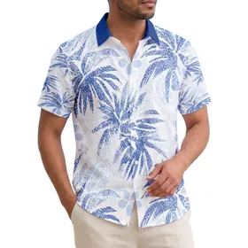 Distressed Indigo White Palm Fronds Waves Plumeria Silhouettes - Tropical Beach House Decor Hawaiian Shirt