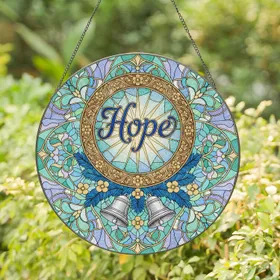 Hope Word Golden Star Floral Bells Blue Branches - Meaningful Home Decor Gift Stained Glass Suncatcher