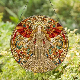 Angelic Figure Golden Gown Wings Lead Lines Celestial Clouds - Spiritual Home Decor Gift Stained Glass Suncatcher