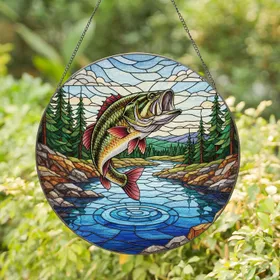 Leaping Bass Fish Pine Trees River Landscape - Home Decor Gift for Fishermen Stained Glass Suncatcher