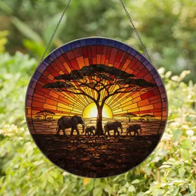 Elephants Acacia Tree Sunset Savanna - Wildlife Lover Home Decor Gift Stained Glass Suncatcher