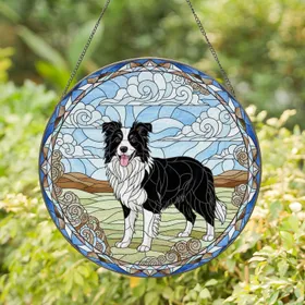 Black White Border Collie Dog Swirling Clouds Rolling Hills - Home Decor Gift for Pet Owners Stained Glass Suncatcher