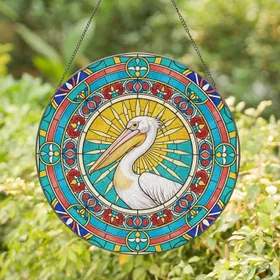 Pelican Pink Yellow Beak Circular Border Sunburst - Home Decor Gift for Bird Lovers Stained Glass Suncatcher