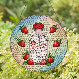 Strawberry Milk Bottle Bunnies - Home Decor Gift for Bunny Lovers Stained Glass Suncatcher