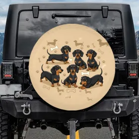 Black Tan Dachshunds Walking Sitting Peeking Silhouette Bone Paw Print - Dog Lover Gift Spare Tire Cover