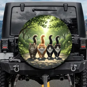 Striped Tabby Orange Fluffy Tuxedo Cats Green Path - Cat Owner Outdoor Adventure Spare Tire Cover