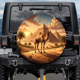 Majestic Camel Dunes Egyptian Pyramids Palm Trees Golden Sunset Desert - Travel Essentials Spare Tire Cover