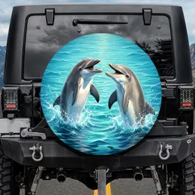 Bottlenose Dolphins Playful Ocean Scene with Water Splashes - Marine Wildlife Lover Gift Spare Tire Cover