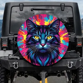 Feline Head Yellow Eyes Paint Splatter Brushstroke - Cat Lover Gift Spare Tire Cover