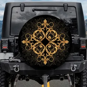Golden Baroque Scrollwork Swirling Lines Star Sparkles - Vehicle Upgrade Gift for Car Lovers Spare Tire Cover