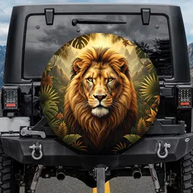 Majestic Lion Jungle Canopy Tropical Foliage Misty Mountains - Wildlife Lover Gift Spare Tire Cover