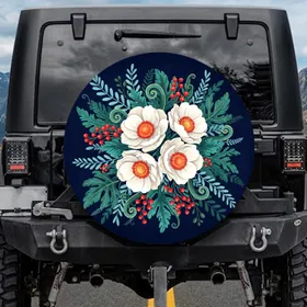 Anemone Floral Bouquet Teal Leaves Berries - Outdoor Lifestyle Gift Spare Tire Cover