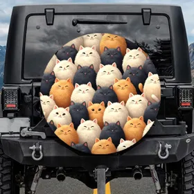 Fluffy Cartoon Cats Gathering Endearing Expressions - Pet Lover Car Decor Gift Spare Tire Cover