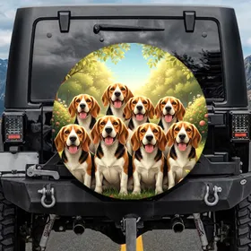 Seven Cheerful Beagle Dogs Sun-Dappled Park Foliage - Dog Lover Gift Spare Tire Cover