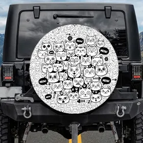 Cartoon Cat Faces Paw Prints Meow Speech Bubbles - Feline Enthusiast Everyday Gift Spare Tire Cover
