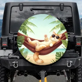 Lounging Cat Sunglasses Hammock - Tropical Beach Lover Gift Spare Tire Cover