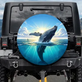 Humpback Whale Breaching Ocean Sunlit Waves - Outdoor Adventure Gift Spare Tire Cover