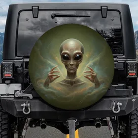 Alien Head Dark Eyes Human Hands Swirling Mist Nebula Wisps Cosmic Portal - Sci-Fi Lover Gift Spare Tire Cover