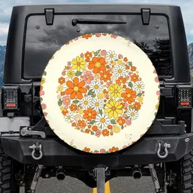 Dense Pale Cream 1960s Retro Flowers Orange Yellow Daisy Garden Floral Home Decor Gift Spare Tire Cover
