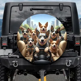 Seven Australian Cattle Dogs Driving Car Scene - Dog Lover Gift Spare Tire Cover