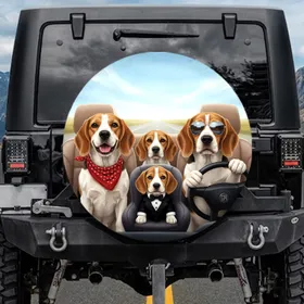 Realistic Beagles Driving Car Highway View - Road Trip Essentials Dog Lover Gift Spare Tire Cover