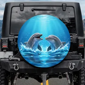 Bottlenose Dolphins Rising from Ocean Water Splashes - Wildlife Lover Gift for Marine Life Spare Tire Cover