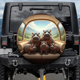 Cheerful Hippopotamus Family Luxury Travel - Wildlife Adventure Gift Spare Tire Cover