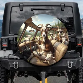 Goats Driving Car Humorous Scene - Goat Lover Automotive Decor Gift Spare Tire Cover