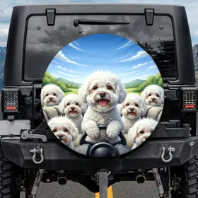 Joyful Fluffy Bichon Frise Dogs Driving Scenic Journey - Road Trip Gift for Dog Lovers Spare Tire Cover