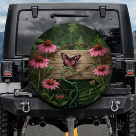 Black Pink Butterfly Barbed Wire Coneflower - Home Decor Gift for Garden Lover Spare Tire Cover