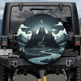 Warm Lit Cabin Evergreen Mountain Lake Starry Night - Travel Essentials Gift Spare Tire Cover