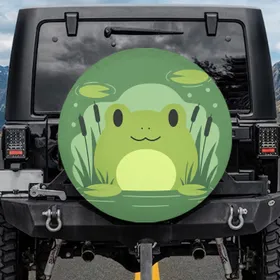 Cartoon Frog Face Water Ripples Lily Pads Cattail Grass Pond - Wildlife Nature Lover Gift Spare Tire Cover