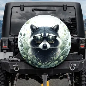 Raccoon in Black Sunglasses Portrait - Lush Forest Wildlife Lover Gift Spare Tire Cover