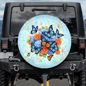 Blue Morpho Monarch Butterflies Hydrangea Gerbera Flowers - Butterfly Lover Gift Spare Tire Cover