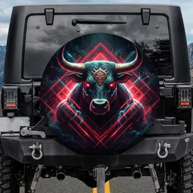 Tech-Noir Bull Head Glowing Red Eyes Golden Horns - Vehicle Decor for Adventure Lifestyle Spare Tire Cover